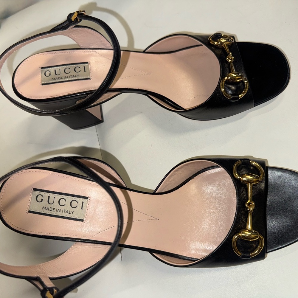 Gucci Black Sandals with Gold Accents